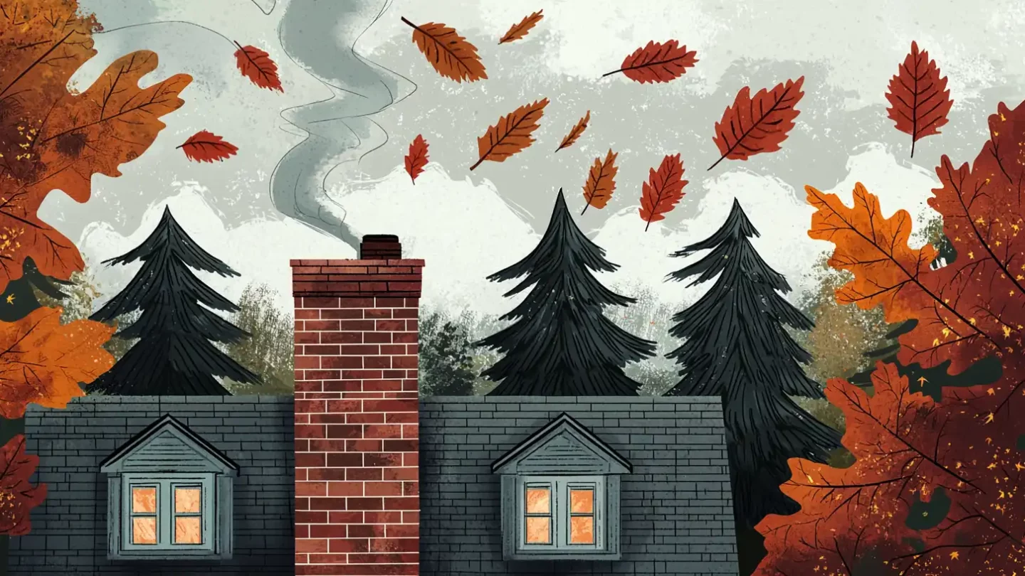 Illustration of a Chimney on a house on a windy day.