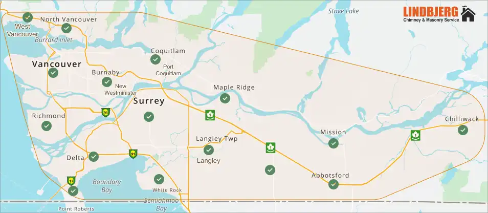 Lindbjerg Chimney Service area map showing lower mainland from West Vancouver to Chilliwack.